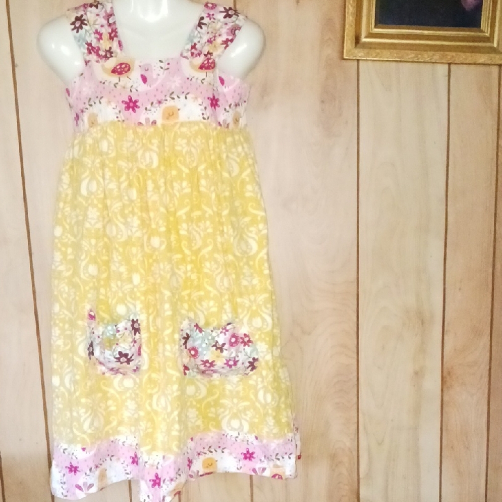 Jelly The Pug Yellow and Pink Floral Bird Print Girls Dress#pockets